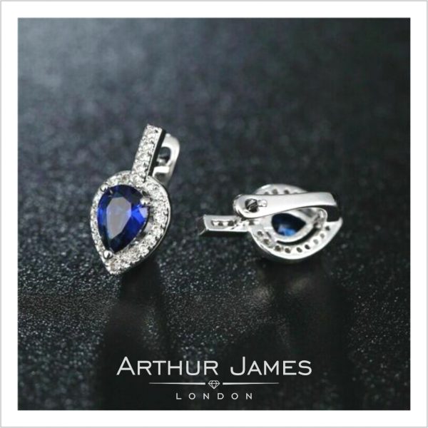 blue sapphire tear drop pear cut white gold drop earrings for women
