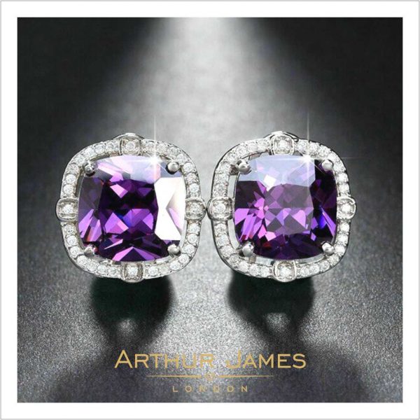 Purple Cushion cut omega back diamond studs for women girls