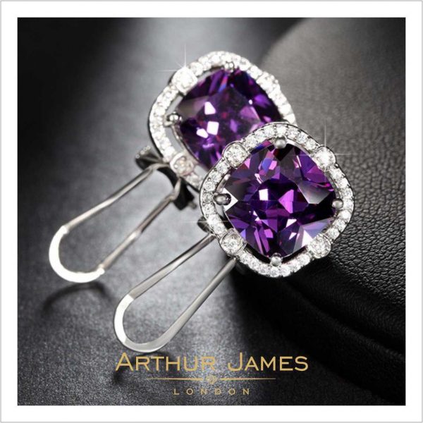 Purple Cushion cut omega back diamond studs for women girls