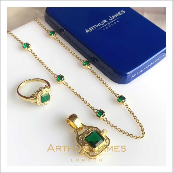 Green emerald gold plated pendant and ring set for women