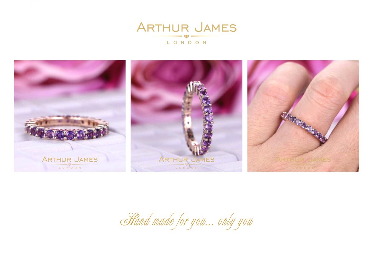 Amethyst diamond full eternity womens band, sterling silver ring for women