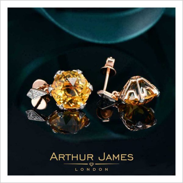 Yellow Citrine Round Cut Diamond Dangler Earrings
