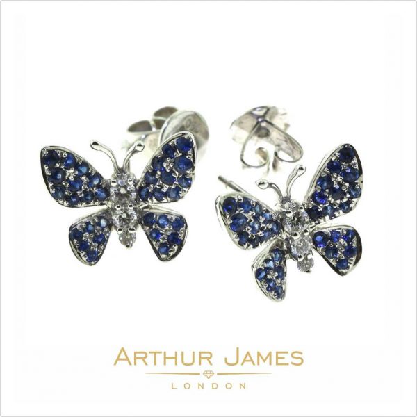 Butterfly Shape Blue Sapphire Diamond Stud Earrings