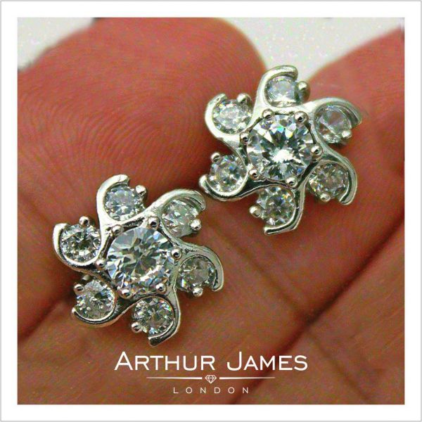 Flower Style Round Cut Diamond Ladies Studs