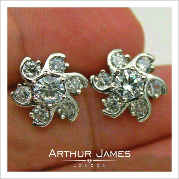 Flower Style Round Cut Diamond Ladies Studs