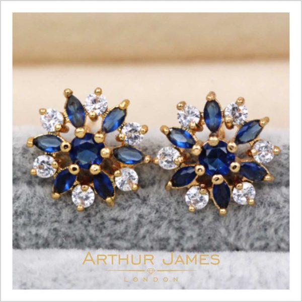 Blue Sapphire Flower Stud Ladies Earrings