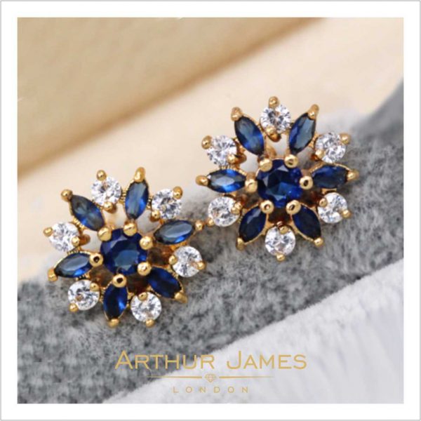 Blue Sapphire Flower Stud Ladies Earrings