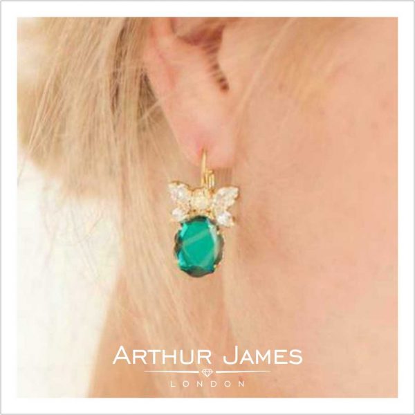Oval Cut Green Emerald Diamond Ladies Dangler Earrings