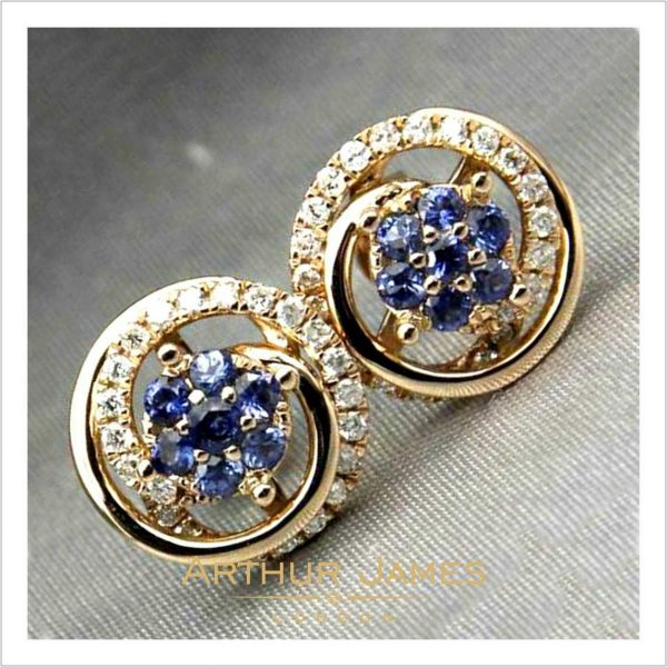 Round Cut Blue Tanzanite Halo Studs Earrings