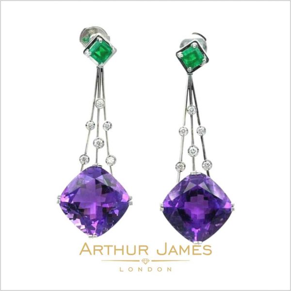 Large Cushion Cut Amethyst Diamond Dangler Earrings