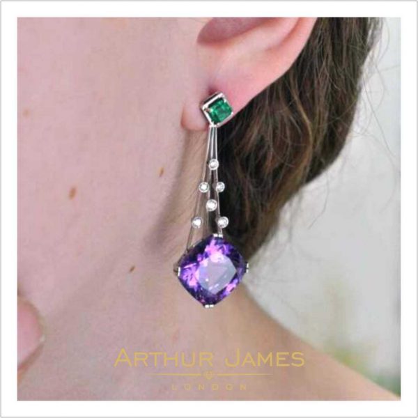 Large Cushion Cut Amethyst Diamond Dangler Earrings