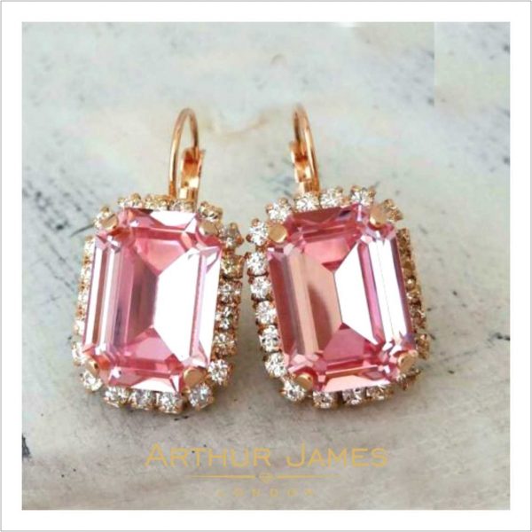 Emeralds Cut Pink Tourmaline Diamond Dangler