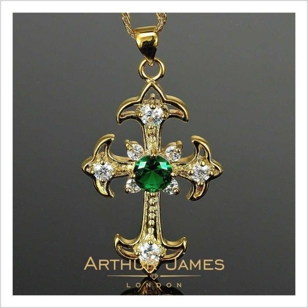 Round Cut Green Emerald Diamond Unisex Cross Pendant