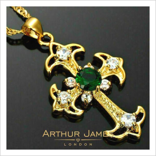 Round Cut Green Emerald Diamond Unisex Cross Pendant