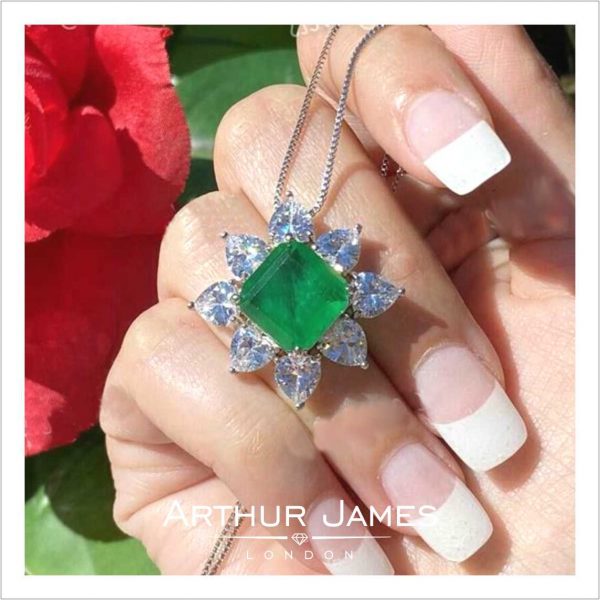 Green Emerald Asscher Cut Diamond Halo Ladies Pendant