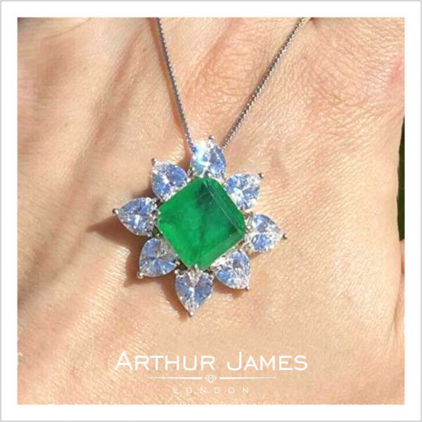 Green Emerald Asscher Cut Diamond Halo Ladies Pendant