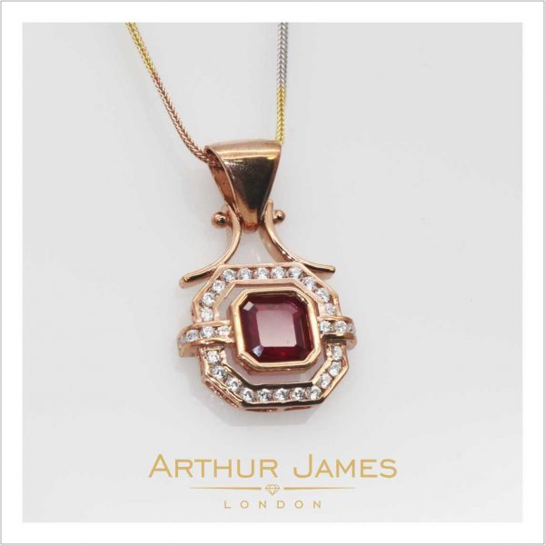 Cushion Cut Red Ruby Diamond Rose Gold Ladies Pendant