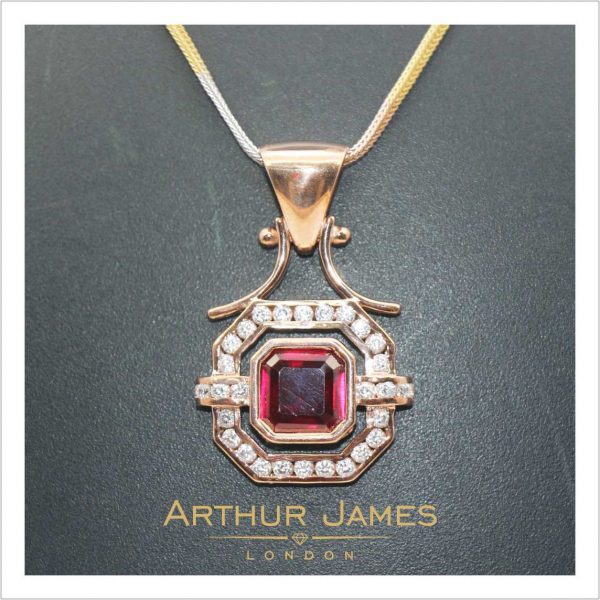 Cushion Cut Red Ruby Diamond Rose Gold Ladies Pendant