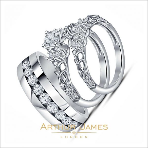 Round Diamond Vintage Trio Men & Women Bridal Ring Set