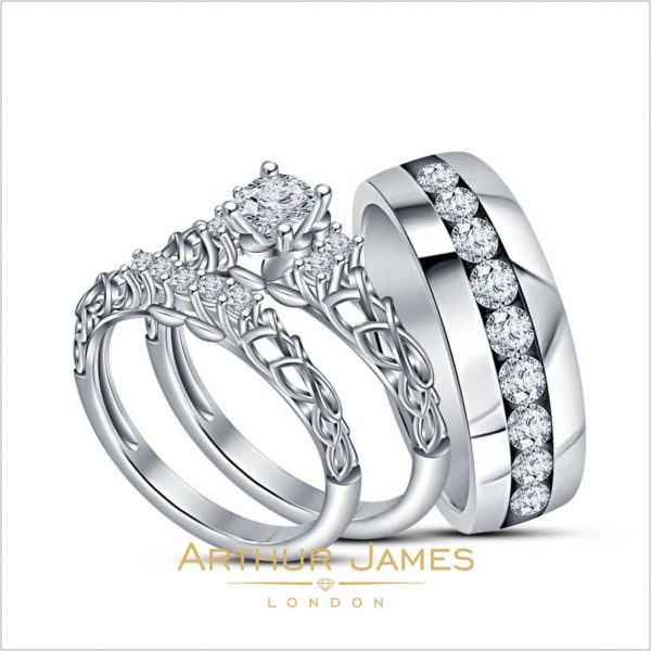Round Diamond Vintage Trio Men & Women Bridal Ring Set