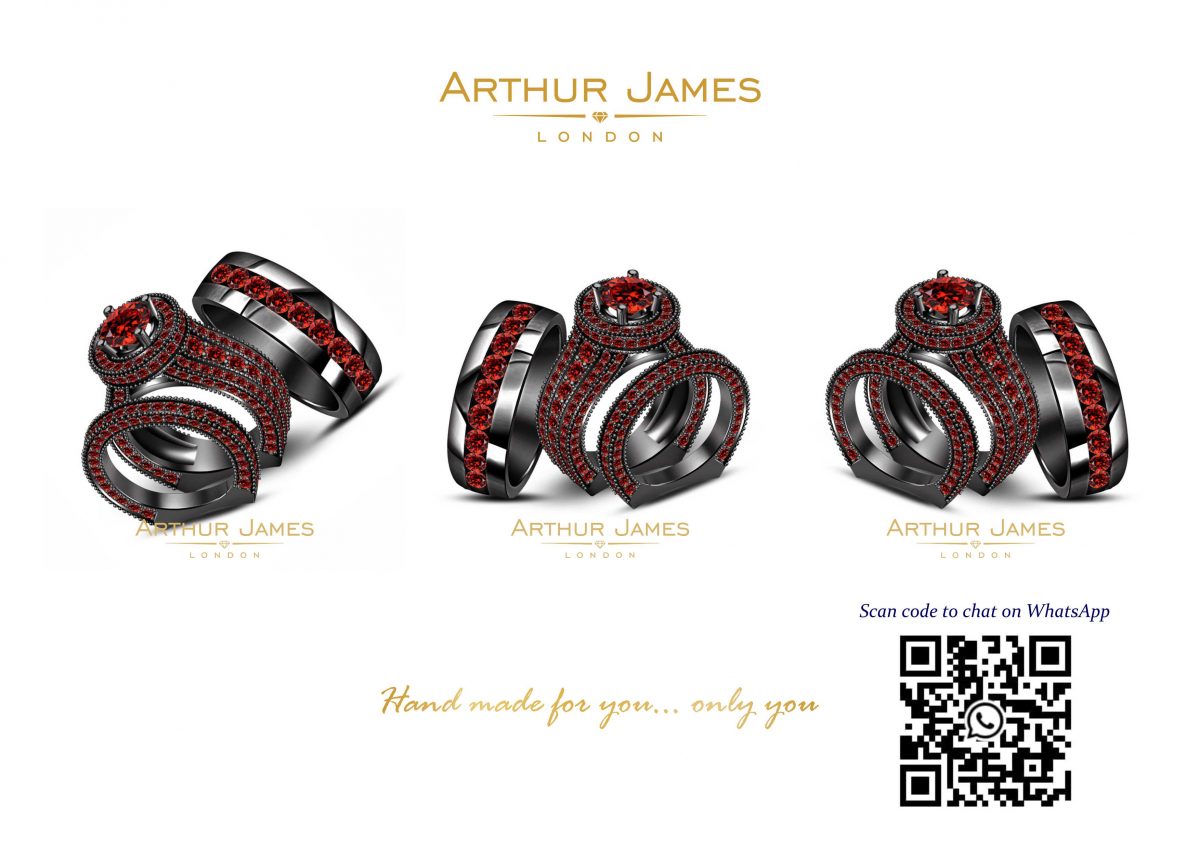Round Red Garnet Black Gold Finish Trio Bridal Ring Set