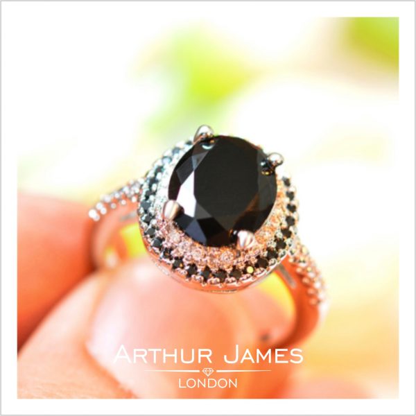 Oval Cut Black Diamond Ladies Halo Bridal Ring