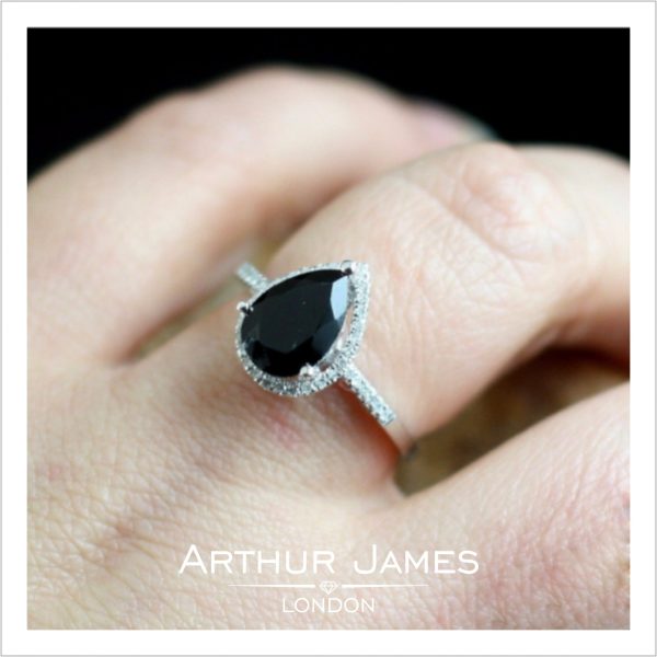 Pear Cut Black Diamond Ladies Halo Ring