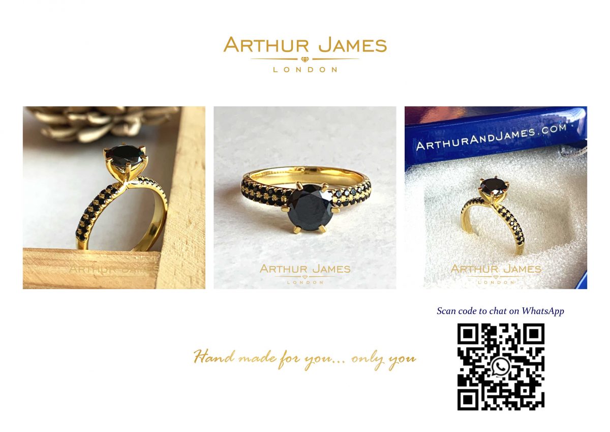 Round Black Diamond Solitaire Yellow Gold Ladies Ring