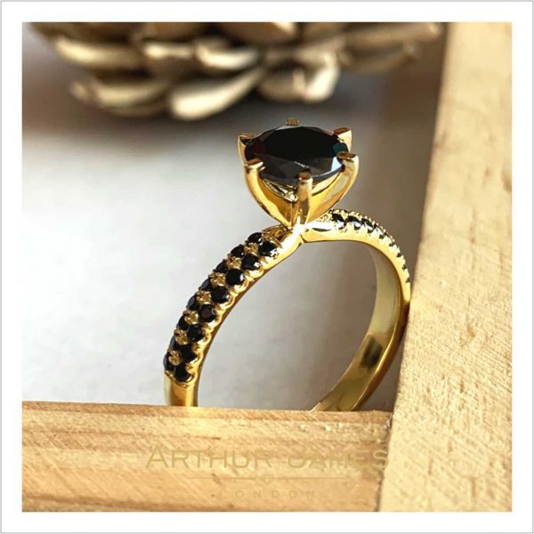 Round Black Diamond Solitaire Yellow Gold Ladies Ring