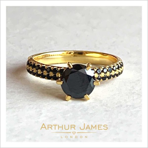 Round Black Diamond Solitaire Yellow Gold Ladies Ring
