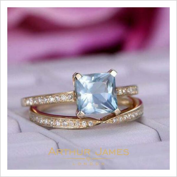 Aquamarine Princess Cut Ladies Band Bridal Ring Set