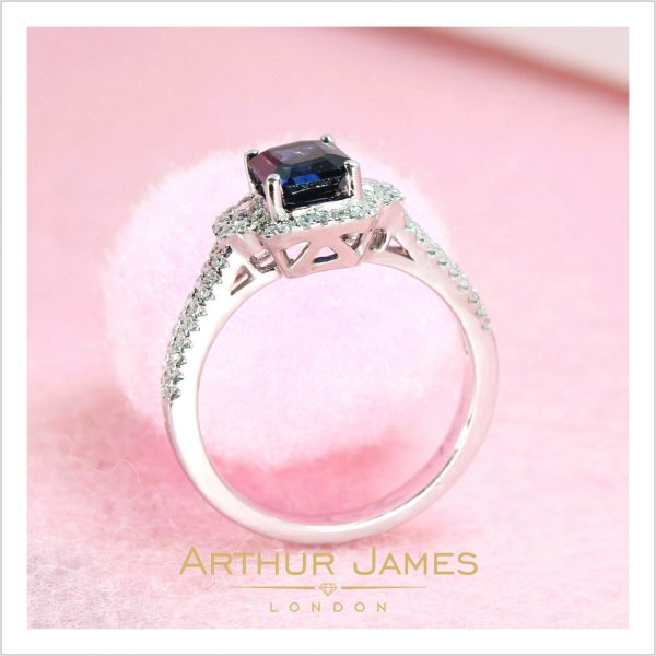 Blue Sapphire Emerald Cut Diamond Halo Ladies Ring