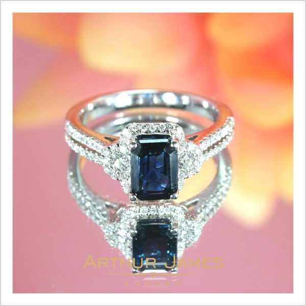 Blue Sapphire Emerald Cut Diamond Halo Ladies Ring