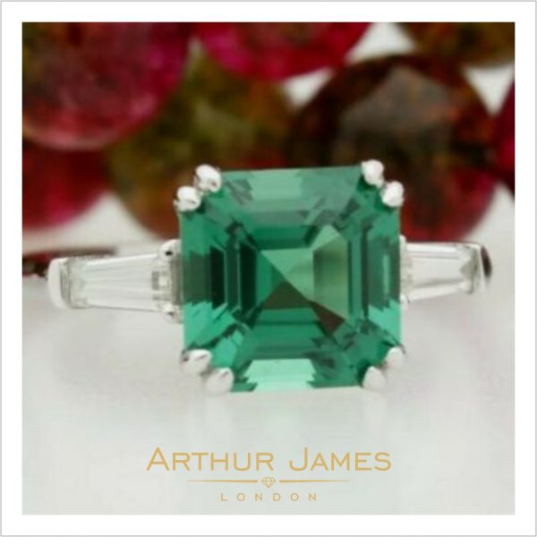 Asscher Baguette Green Emerald Diamond Ladies Ring