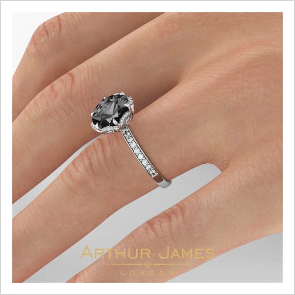 Round Shape Black Diamond Halo Solitaire Ladies Ring