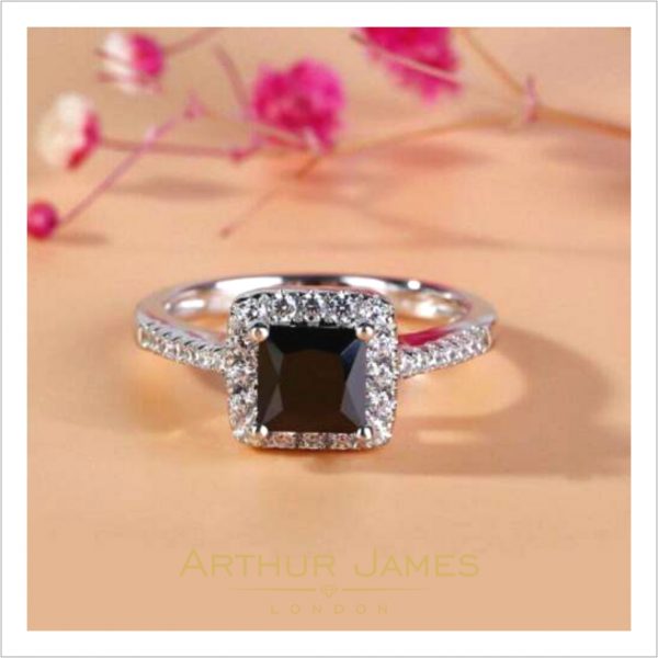 Princess Cut Black Diamond Halo Ladies Ring