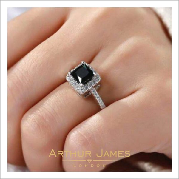 Princess Cut Black Diamond Halo Ladies Ring