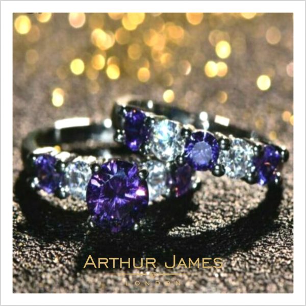 Purple Amethyst Round Diamond Ladies Bridal Ring Set
