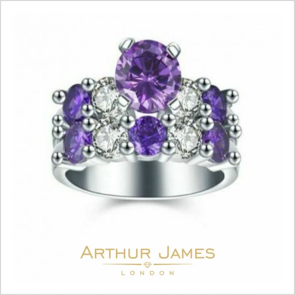 Purple Amethyst Round Diamond Ladies Bridal Ring Set