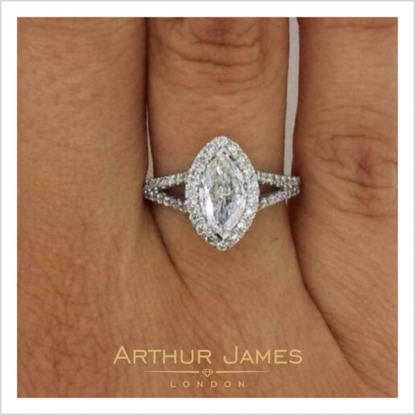 Marquise Cut Diamond Split Shank Halo Ladies Ring