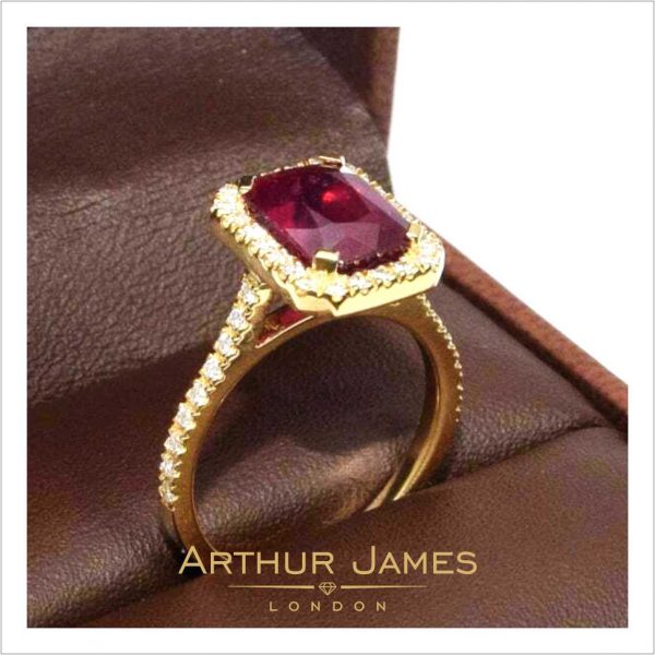 Emerald Cut Red Ruby Diamond Halo Ladies Ring