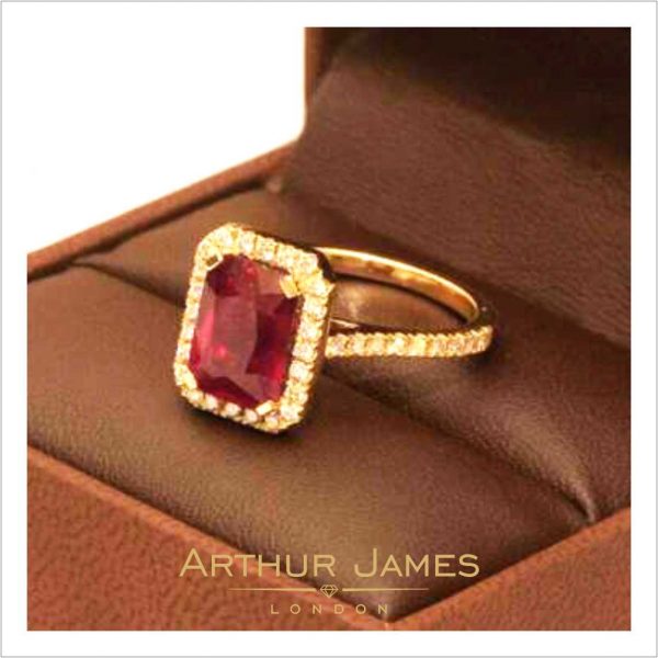 Emerald Cut Red Ruby Diamond Halo Ladies Ring