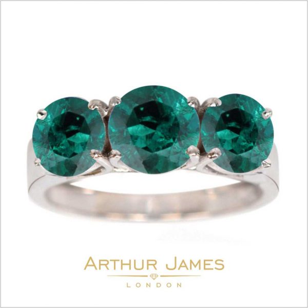 Green Emerald Three Stone Diamond Women's Ring