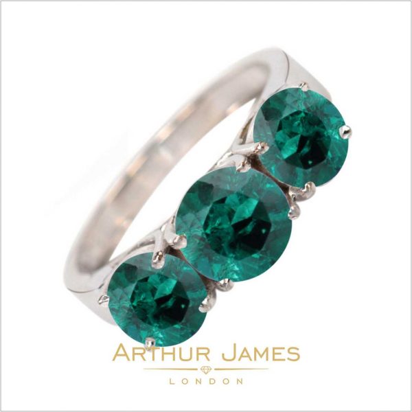 Green Emerald Three Stone Diamond Women's Ring