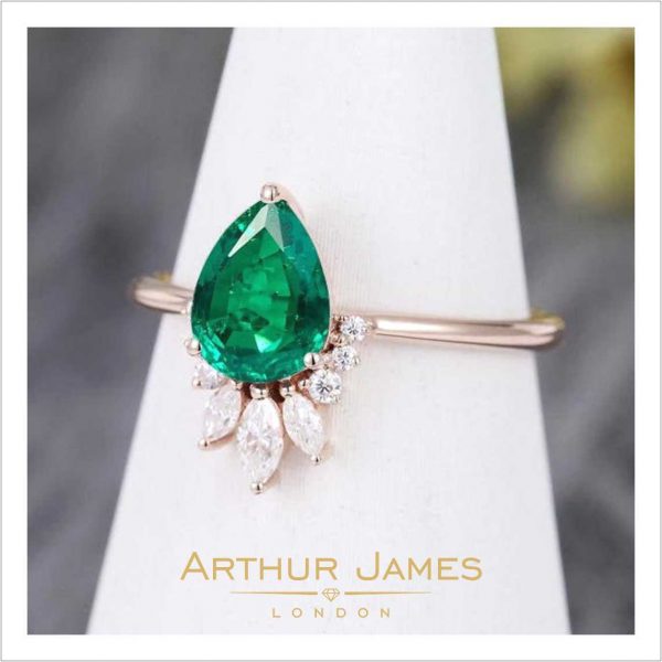 Pear Green Emerald Diamond Vintage Ladies Ring