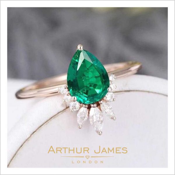 Pear Green Emerald Diamond Vintage Ladies Ring