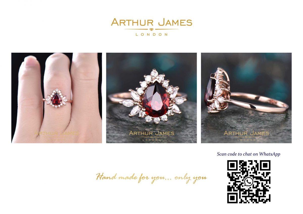 Pear Red Almandine Garnet Diamond Vintage Ladies Ring