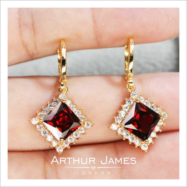 Princess Cut Red Garnet Diamond Dangler Earrings