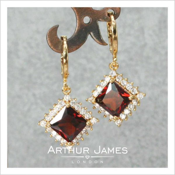 Princess Cut Red Garnet Diamond Dangler Earrings