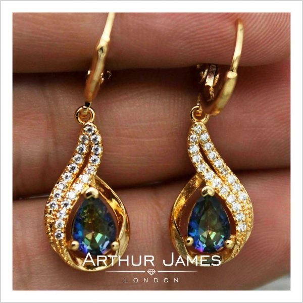 Blue Alexandrite Pear Cut Diamond Drop Dangler Earrings